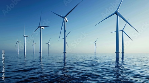 Sustainable energy generation with wind turbines towering over the ocean, a blue sky background accentuating clean power solutions - AI generated