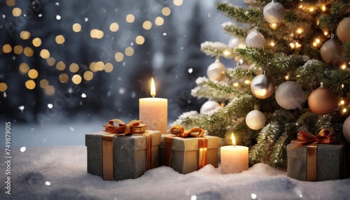 christmas and new year holidays background christmas tree gifts and candles on the snow © Wayne