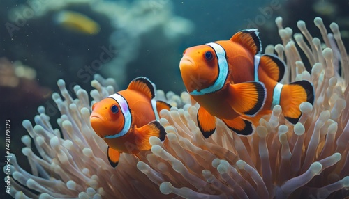 two orange clownfish swimming in aquarium underwater diving and vivid tropical fish hidding in bubble tip anemone real sea life photo