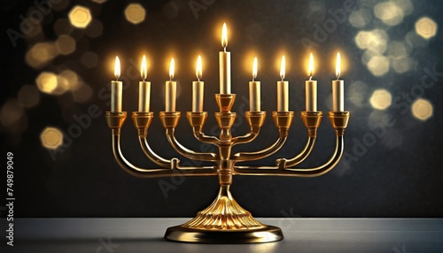 beautiful lit hanukkah menorah on black background photo