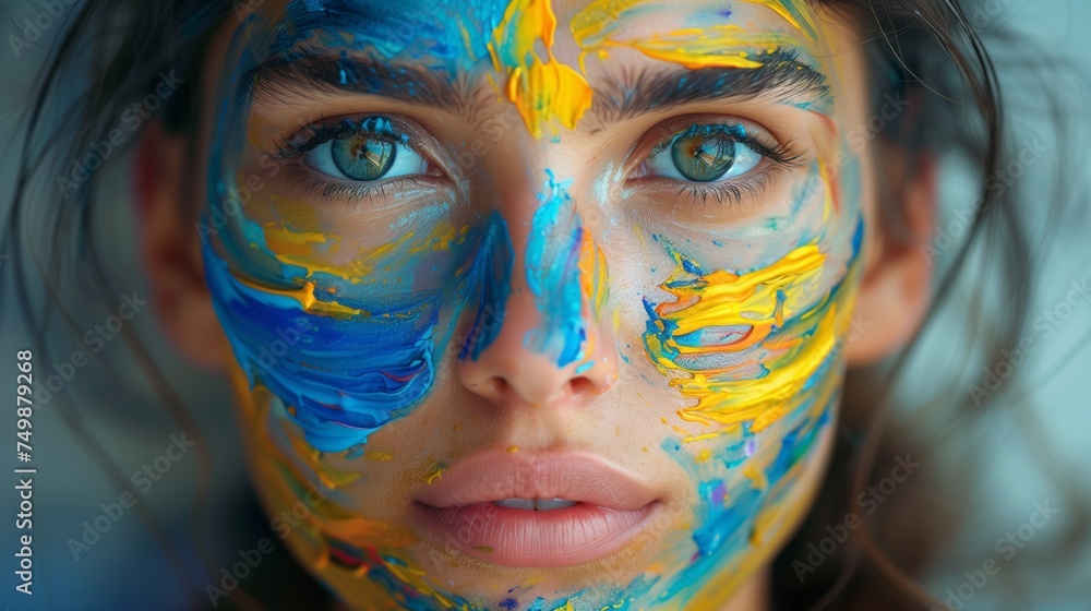Close up of a womans face with colorful paint on Forehead, Cheek, and Nose