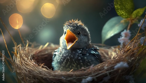 young bird in nest with open mouth waiting to be fed photo
