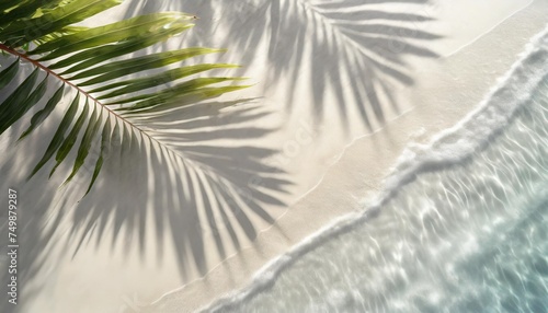 top view of tropical leaf shadow on water surface shadow of palm leaves on white sand beach beautiful abstract background concept banner for summer vacation at the beach