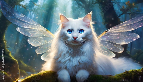 beautiful white female cat with transparent fairy wings like aesthetic magical brightening