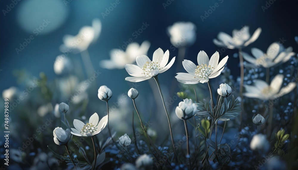 many stems of various forest plants witn white flowers on blue background - obrazy, fototapety, plakaty 