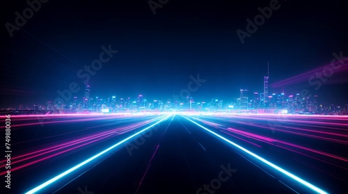 Radiant lights streak across a futuristic metropolis at high speed 