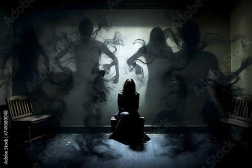 Silhouette of Solitude. One Person Contemplates as Dancing Shadows Express a Multitude of Emotions in a Darkened Room