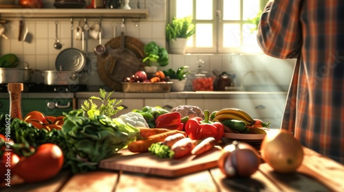 Home cook capturing a photo of fresh ingredients on her smartphone, the kitchen brimming with vibrant produce and rustic charm - AI generated photo