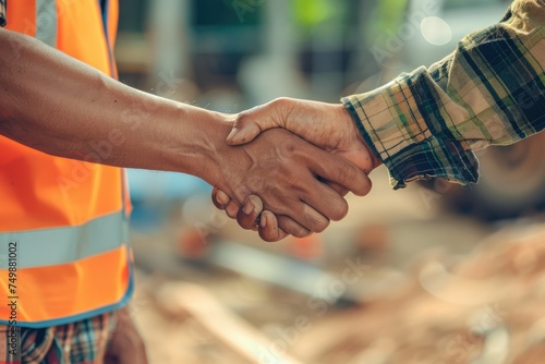 Smiling contractor in plaid shirt shaking hands with client, finalizing details on a residential renovation project in a home interior - AI generated