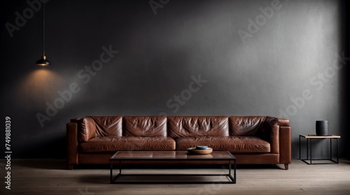 Retro Leather Couch Focuses Contemporary Dim-Lit Lounge  © Fred