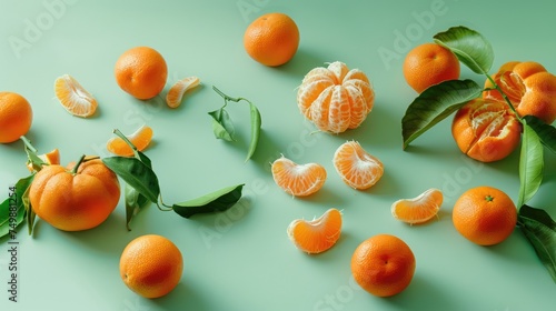 Fresh tangerines with leaves and peeled segments arranged on a pastel green background, highlighting the natural beauty of citrus fruits - AI generated
