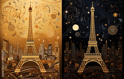 Views of Paris and the Eiffel Tower in style of Gustav Klimt photo