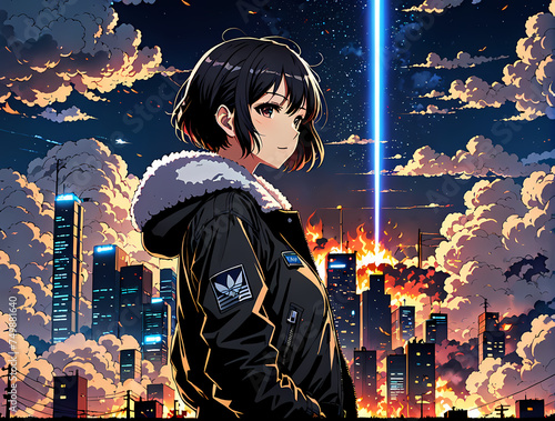 Anime manga girl in bomber jacket in front of burning city