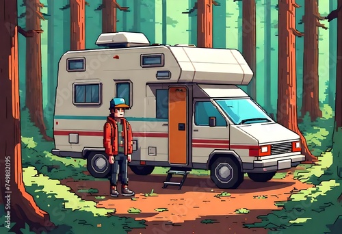 A ficition unbranded camper done in 8 bit retro video game style digital art. The camper is in the forest. photo