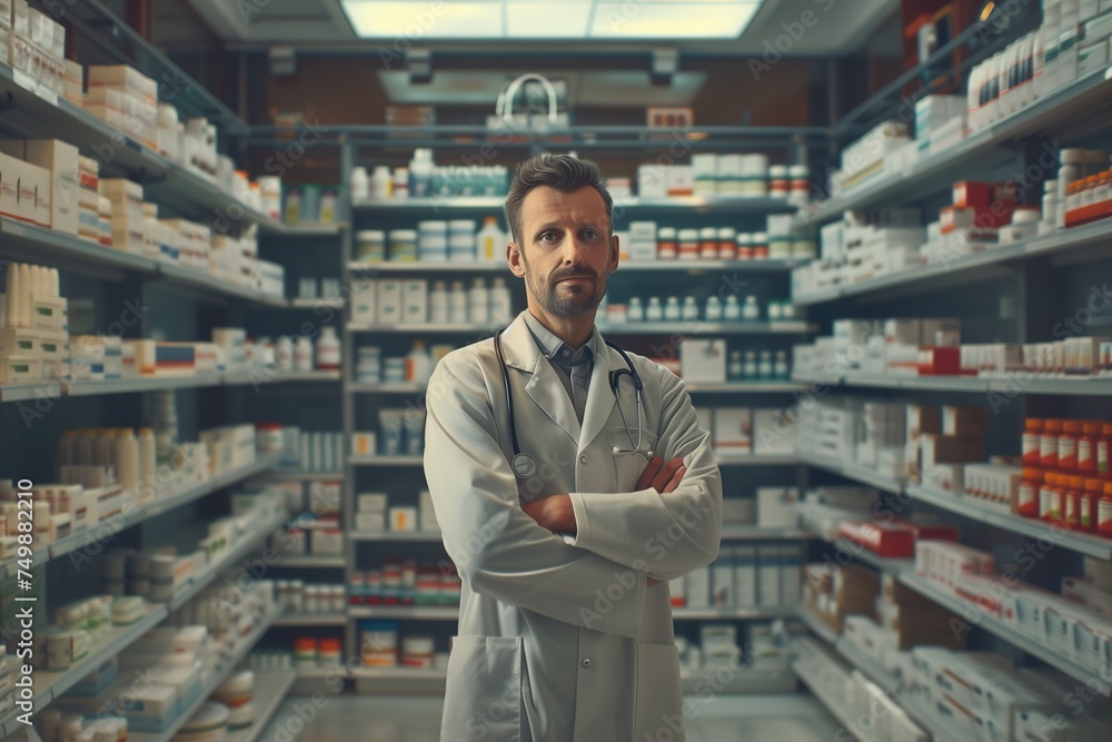 pharmacist Man in the pharmacy aisle surrounded by medicines