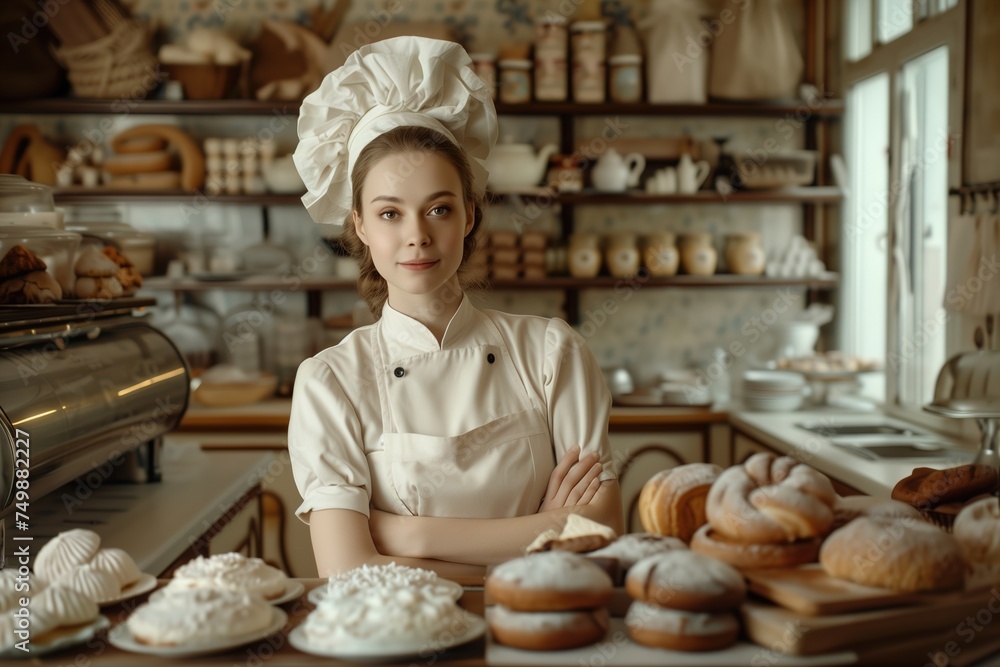 Young baker woman showing her products Young baker woman showing her products