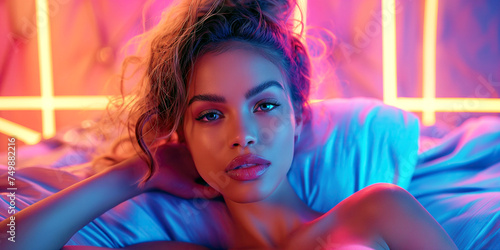 portrait of a sexy black woman on bed at night with neon lighting in the bedroom © alexkoral