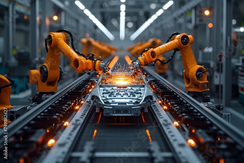 Assembly line of a car factory with articulated robotic arms building a car