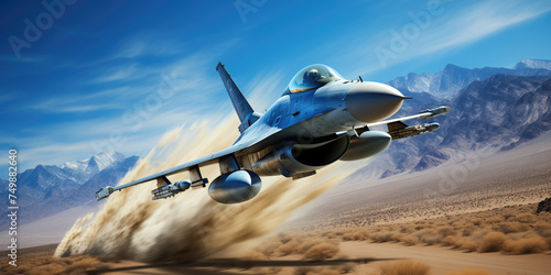 A fighter jet flying low and fast over a desert landscape, creating a trail of dust with mountains in the background.