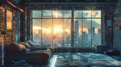 Urban Living Room with Floor-to-Ceiling Windows, Providing a Breathtaking Panoramic City View