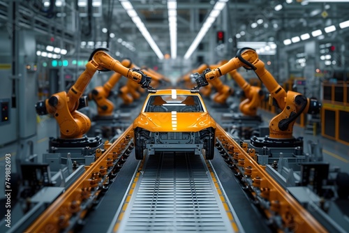 Assembly line of a car factory with articulated robotic arms building a car