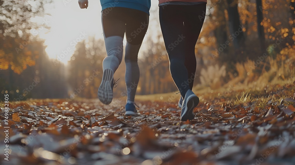 Two people running in the forest, photo showing feet Two people running in the forest, photo showing feet
