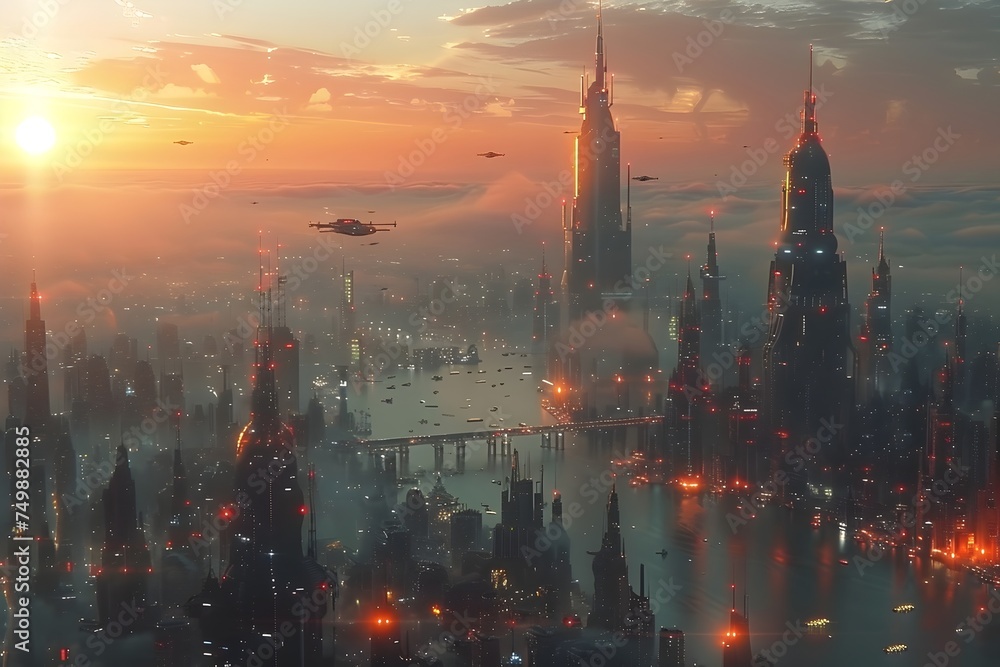 Aerial view of a futuristic megacity at sunset - obrazy, fototapety, plakaty 