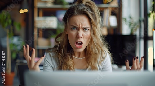 A frustrated and angry blonde woman sitting behind her laptop. photo