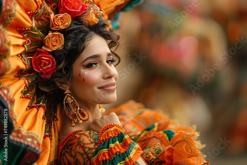 Woman dressed in a flashy carnival costume with many colors, celebrating carnival in the street