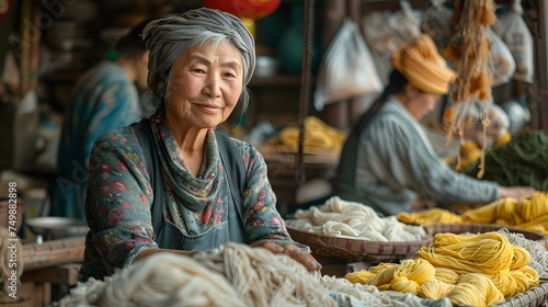 Older Chinese woman selling traditional food in a street market