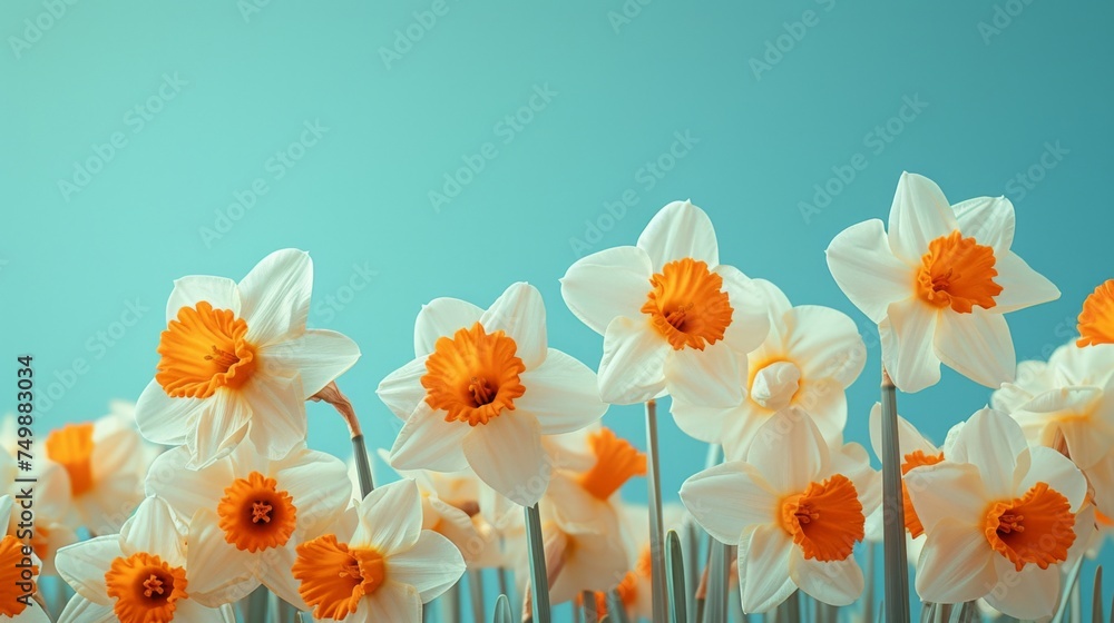 Field of White and Orange Daffodils Blooming Against a Bright Blue Sky in Springtime