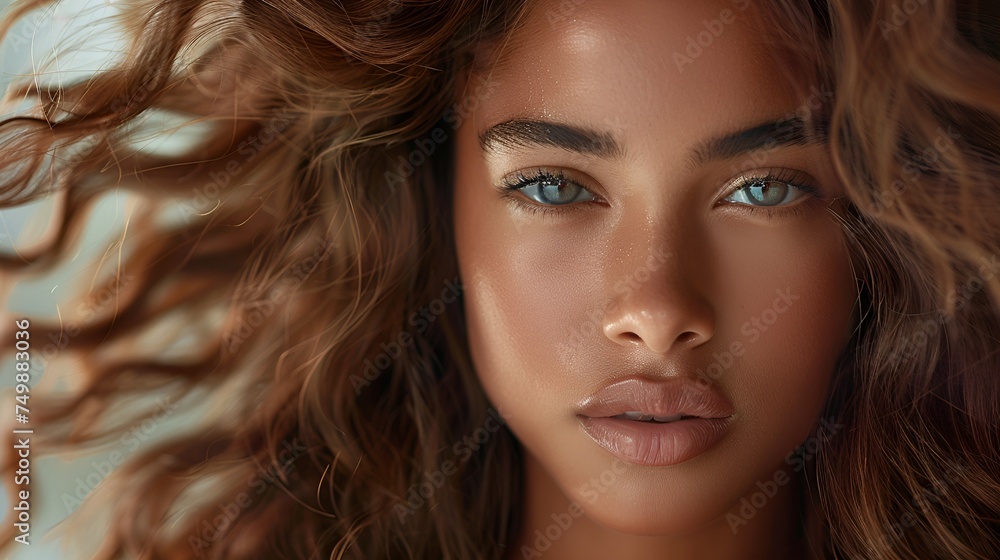 Black woman with long curly shiny hair, blue eyes, makeup. Haircare treatment in beauty salon Black woman with long curly shiny hair, blue eyes, makeup. Haircare treatment in beauty salon