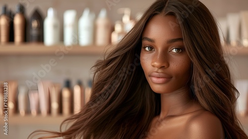 A young beautiful woman with long hair posing in a beauty salon. Haircare, beauty and cosmetics concept.