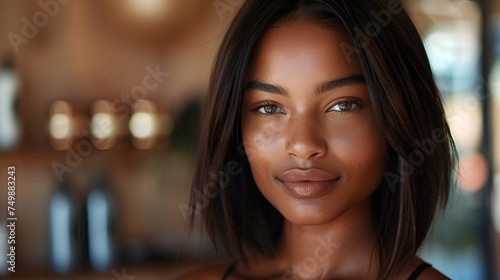 Black woman with modern bob hairstyle and makeup posing in beauty salon Free Download Black woman with modern bob hairstyle and makeup posing in beauty salon - GFXLoad