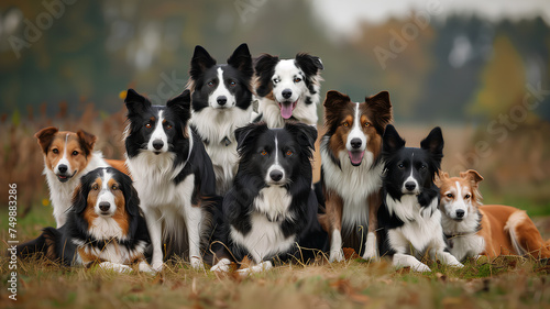 Group of Border Collies in a Field . A diverse group of Border Collies sitting together in a field, displaying a variety of coat colors and patterns, looking attentively.  © phairot