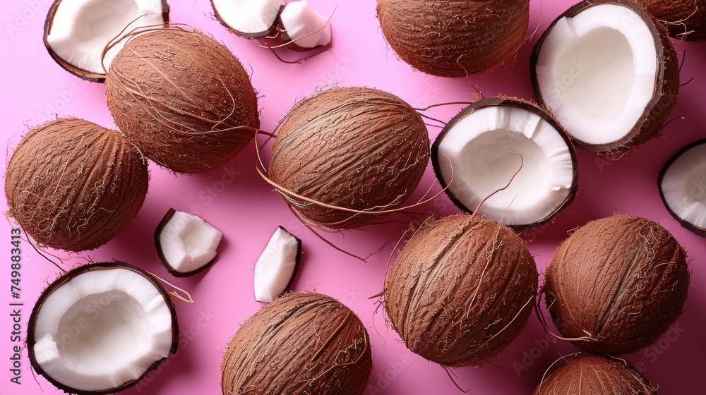 Coconuts on pink background, top view. Exotic fruit Coconuts on pink background, top view. Exotic fruit