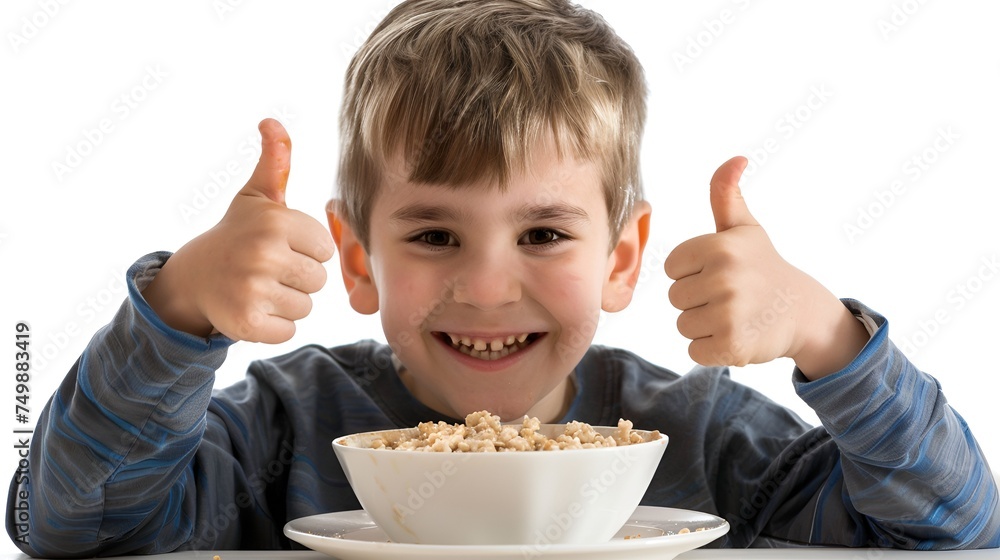 A cute boy excited about eating oatmeal porridge for breakfast. A cute boy excited about eating oatmeal porridge for breakfast.