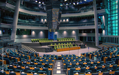 An empty parliamentary chamber with rows of seats and desks, a central podium, and a large display screen in the background.