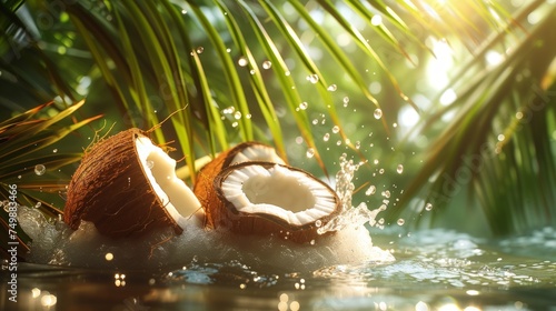 Coconuts with splashes of water on green nature background, closeup photo