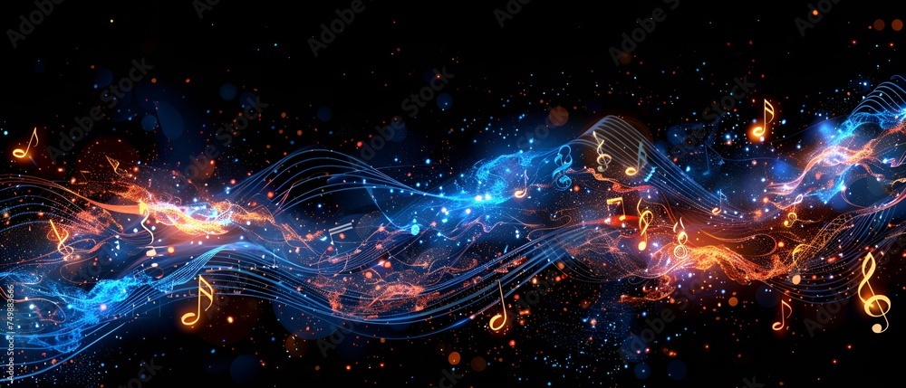 Abstract background of musical notes and colorful waves and lines