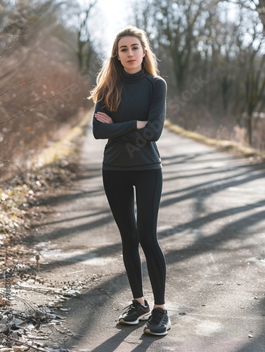 A blonde woman in black running gear posing before going on a jog
