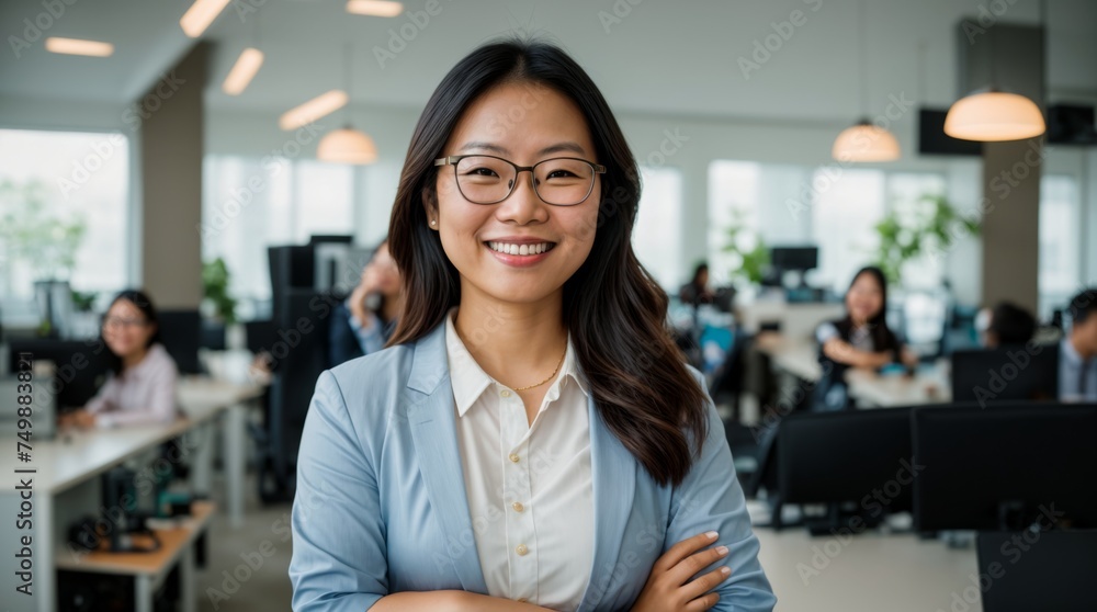 Smiling Office Professional Displays Confidence with Glasses Smiling Office Professional Displays Confidence with Glasses