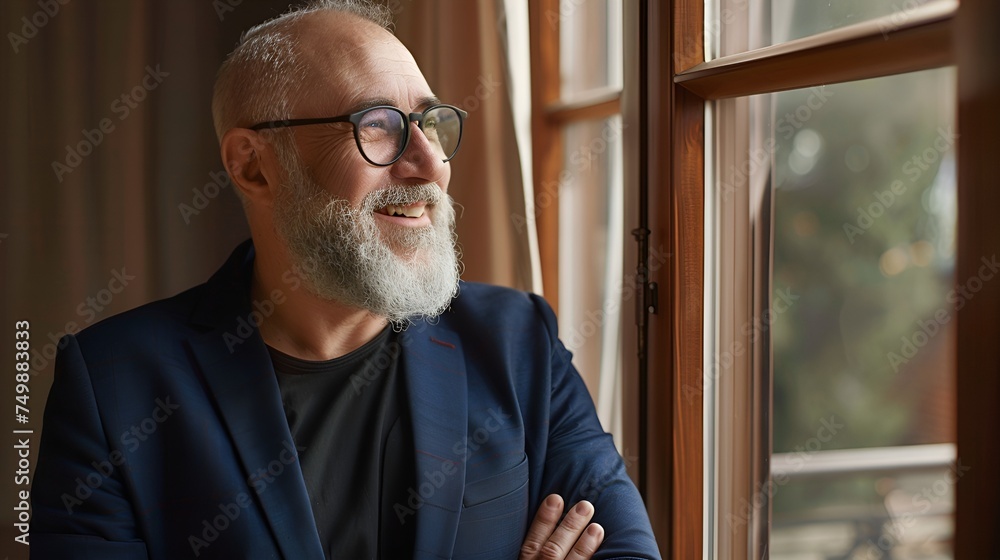 Happy senior gentleman man with a grey beard smilingly looking out the window, wearing a Navy blue blazer. Happy senior gentleman man with a grey beard smilingly looking out the window, wearing a Navy blue blazer.
