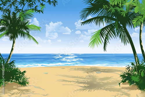 Tropical beach scene with palm trees and clear blue sky