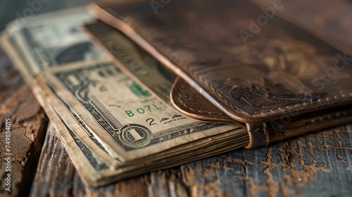 An old leather wallet with dollar bills inside