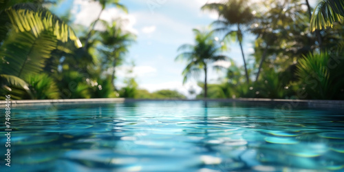 Tropical paradise with a crystal clear pool surrounded by lush palm trees under the blue sky