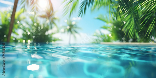 Tropical paradise with a crystal clear pool surrounded by lush palm trees under the blue sky