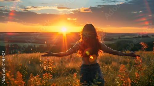 A happy young woman enjoying beautiful summer nature during sunset. © Rando