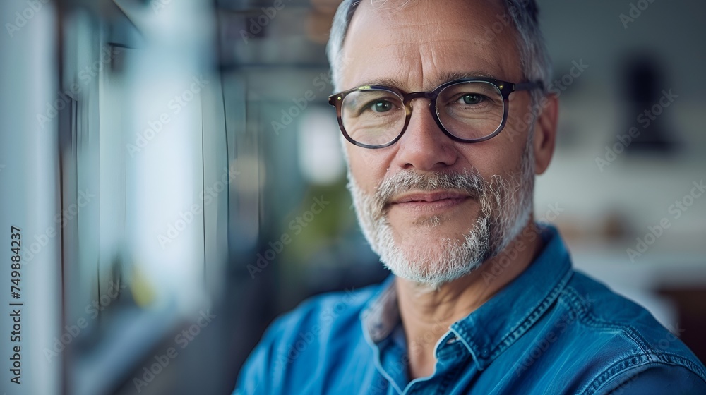 A portrait of a middle-aged grey-haired man with glasses. A portrait of a middle-aged grey-haired man with glasses.