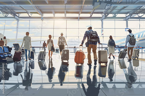 person walking with a trolley bag going for vacation, Travel, traveler in airport with a large suitcase, travel agency, luggage at the airport ,airplane flying over the clouds, passports, holiday